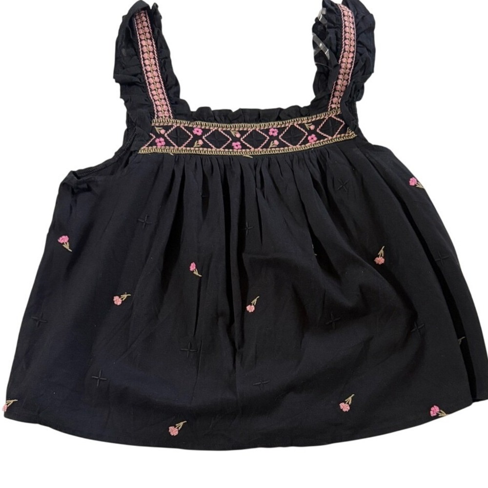 ANA‎ A New Approach Black Embroidered Floral Ruffle Strap Tank Top Medium NWT
